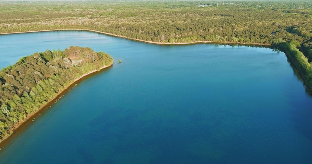 Panoramisch bovenaanzicht van het meer in de buurt van het groene bosveld in het park