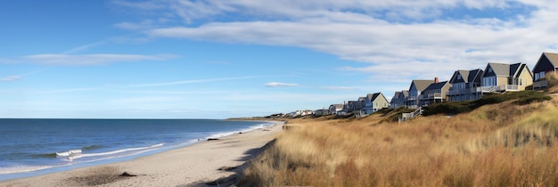 Foto panoramisch herfstlandschap met strandhuisjes op nantucket breedbeeld panoramische oriëntatie