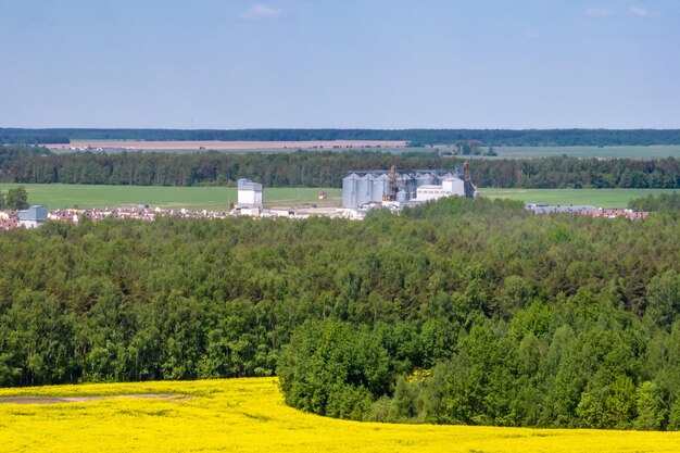 Panoramisch luchtfoto op agro-industrieel complex met silo's en graandrooglijn voor droogreiniging en opslag van graangewassen