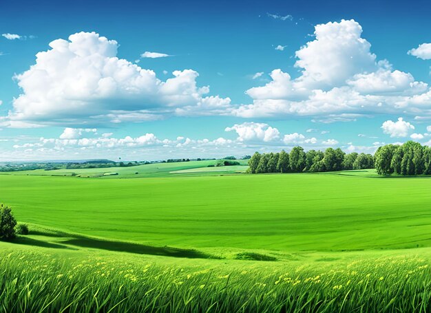 Panoramisch natuurlijk landschap met groen grasveld blauwe lucht met wolken en bergen op de achtergrond