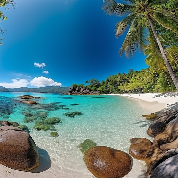 panoramisch rotsachtig strand met blauw water en de Seychellen