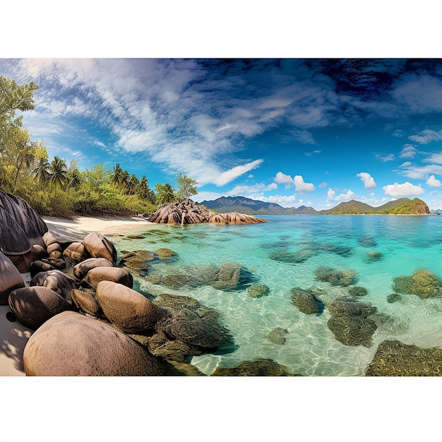 panoramisch rotsachtig strand met blauw water en de Seychellen