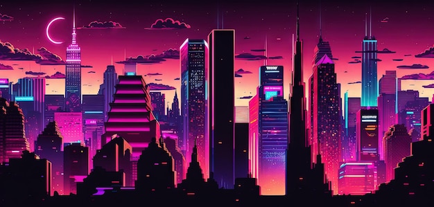 Panoramisch stadsbeeld in cyberpunk-futuristische stijl Wolkenkrabbers in retrogolf neonkleuren Generatieve AI