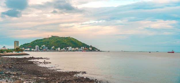 Panoramisch uitzicht op de kust van Vung Tau van bovenaf met golven kustlijn, straten kokospalmen