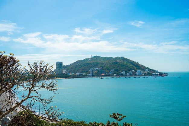 Panoramisch uitzicht op de kust van Vung Tau van bovenaf met golven kustlijn, straten kokospalmen