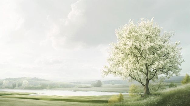 Panoramisch uitzicht op de lente achtergrond met witte bloeiende boom in een groene weide