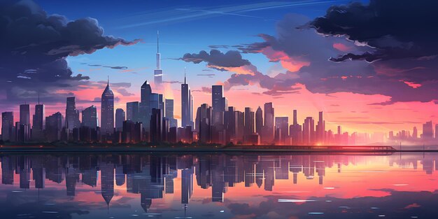 panoramisch uitzicht op de moderne stad met wolkenkrabbers en reflectie