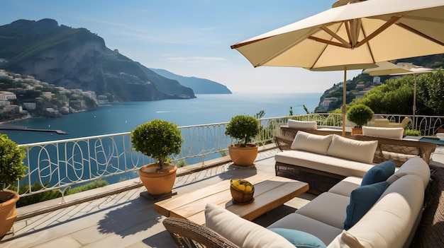 Panoramisch uitzicht op de oceaan en de bergen vanaf een serene patio Generatieve AI