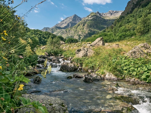 Panoramisch uitzicht op de rivier op de achtergrond van de bergen op een zonnige zomerdag reislandschap