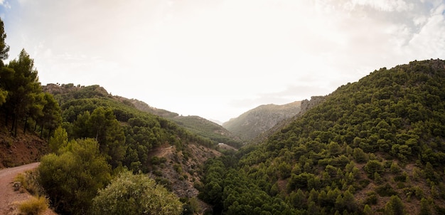 Panoramisch uitzicht op een vallei tussen bergen bij zonsondergang El Burgo Malaga