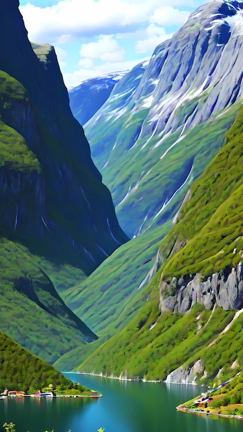 Panoramisch uitzicht op groene bergen en riviernatuurlandschap achtergrond