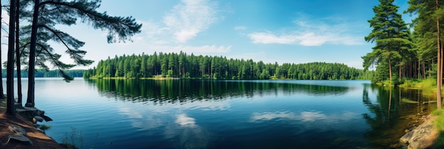 Panoramisch uitzicht op het bosmeer in Rusland Een sereen landschap met seizoensgroen en kalm water