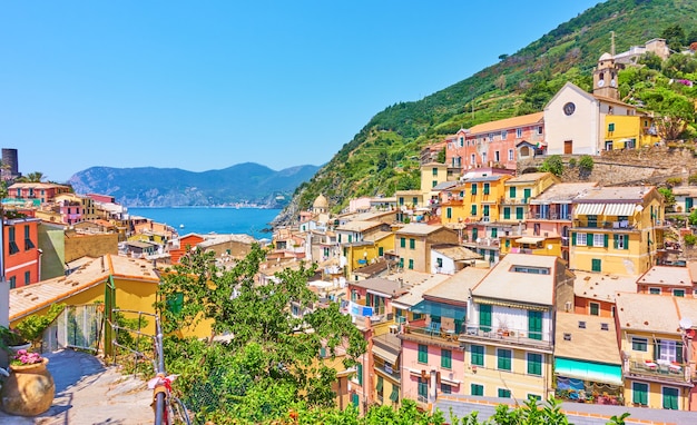 Panoramisch uitzicht op het kleine stadje Vernazza aan zee in het nationale park Cinque Terre, Italië