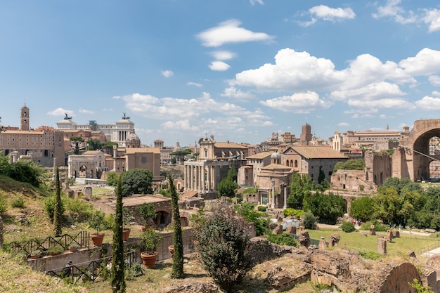 Panoramisch uitzicht op het romeinse forum, ook bekend onder forum romanum of foro romano vanaf de palatijn. het is een forum omringd door ruïnes van oude overheidsgebouwen in het centrum van de stad rome