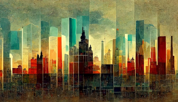 Panoramisch uitzicht op hoge, kleurrijke wolkenkrabbers in de moderne stad Ontwerp van het moderne stadsplan Achtergrond van het stadsplan Digitale afbeelding van het stadsplan