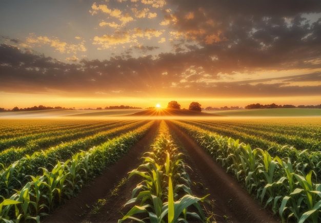 panoramisch uitzicht op jonge maïsveldplantage met zonsopgangachtergrond