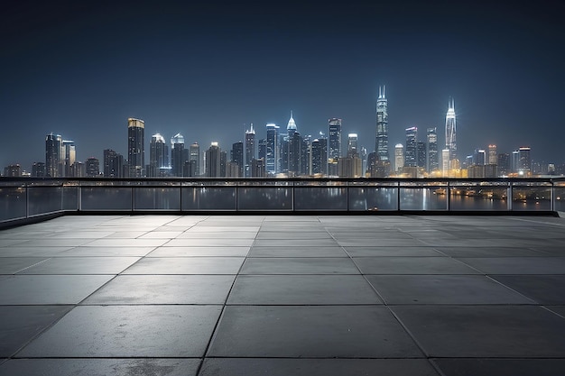 Panoramisch uitzicht op lege betonnen tegels vloer met stads skyline Nachtscene