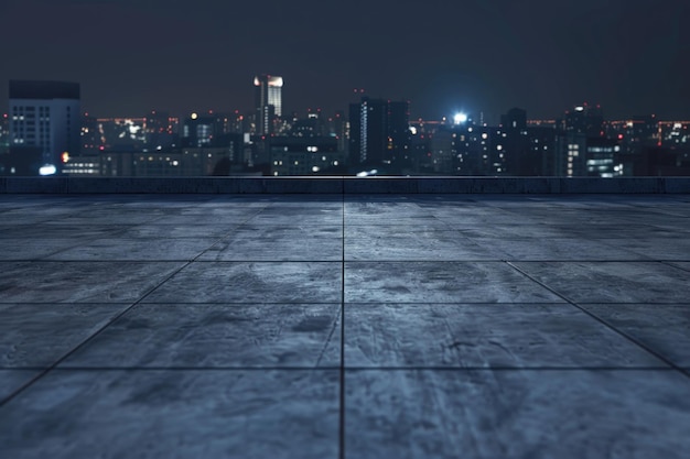 Panoramisch uitzicht op lege betonnen tegels vloer met stads skyline Nachtscene