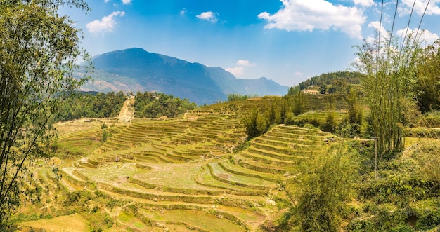 Foto panoramisch uitzicht op terrasvormige rijstvelden in sapa, lao cai, vietnam