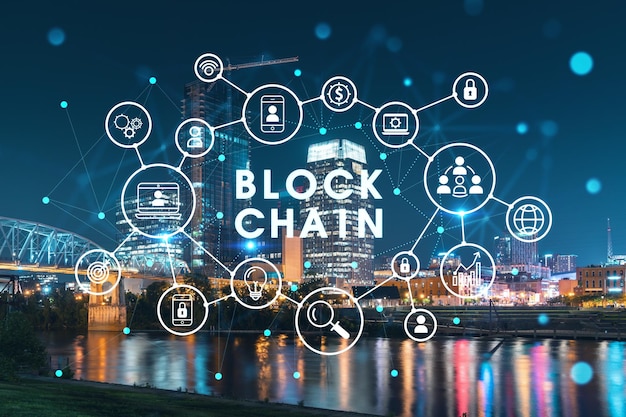 Panoramisch uitzicht van broadway district van nashville over cumberland river bij verlichte nacht skyline tennessee usa gedecentraliseerde economie blockchain cryptocurrency cryptografie concept hologram