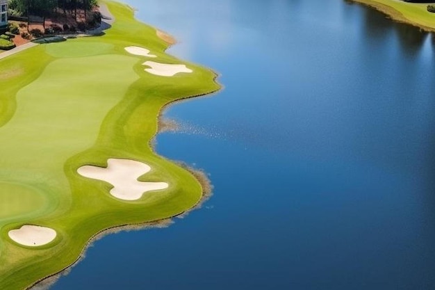 Panoramisch uitzicht vanuit de lucht op een huiscluster in een subdivisie in de buitenwijken met golfbaan en meer in