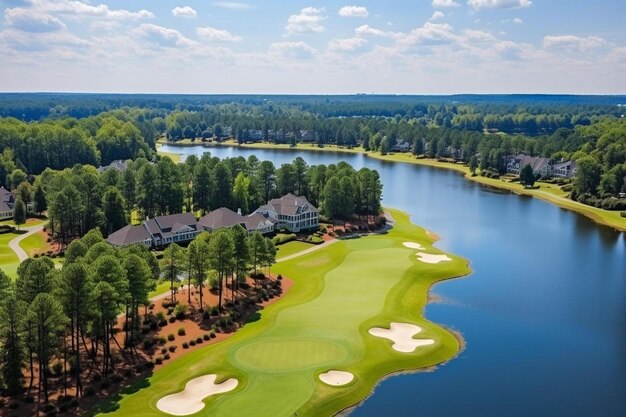 Foto panoramisch uitzicht vanuit de lucht op een huiscluster in een subdivisie in de buitenwijken met golfbaan en meer in