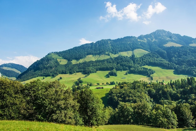 Panoramisch zicht op chalets op de bergen van de Prealps in het district Gruyere in het kanton Fribourg in Zwitserland