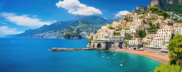 Panoramisch zicht op de kust van Amalfi op heuvels met bloemen en zee Campanië Italië Generatieve ai