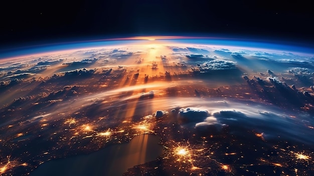 Panoramisch zicht op de planeet Earth globe vanuit de ruimte Gloeiende stadslichten lichte wolken Generatieve AI