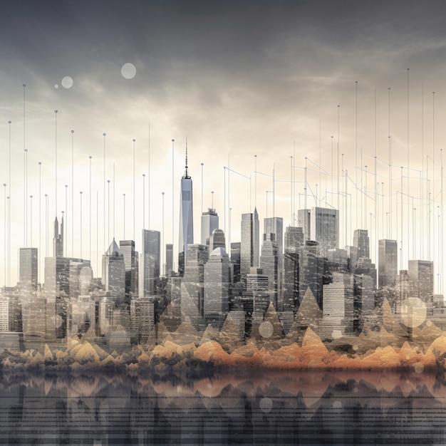 Panoramisch zicht op de skyline van de moderne stad met grafiek en grafiek erop