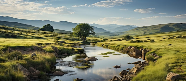 Panoramisch zicht op een riviertje in het graslandPanoramisch zicht op een rivier midden in de steppe