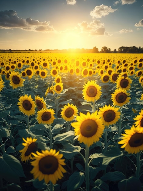 Panoramisch zicht op een veld met zonnebloembloemen ai generatief