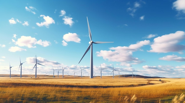 Panoramisch zicht op windpark of windpark met hoge windturbines voor opwekking van elektriciteit met kopieerruimte groen energieconcept Generatieve AI