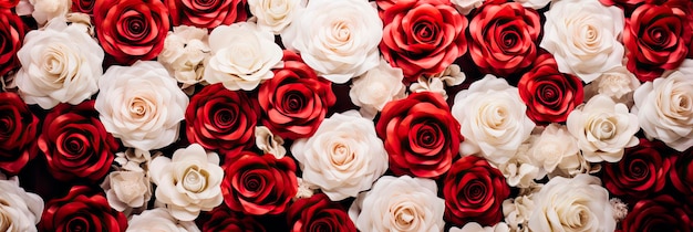 panoramische achtergrond van rode en witte rozen