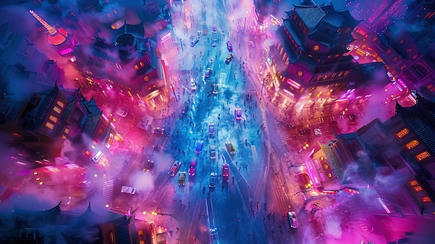 Panoramische drone-opnames vangen de skyline van de stad's nachts vast en benadrukken het samenspel van schaduwen en