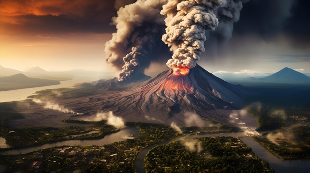 Foto panoramische luchtbeeld van een vulkaanuitbarsting