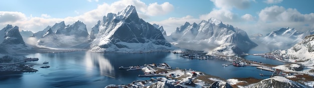 Panoramische luchtbeeld van Reine Lofoten Noorwegen achtergrond Ai Gegenereerd