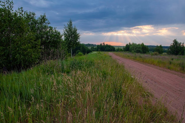 Panoramische opname van een landweg die naar de ochtendhemel leidt...