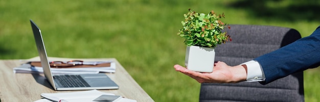 Panoramische opname van een man met een bloempot met een plant die in het park staat bij een tafel met een laptop