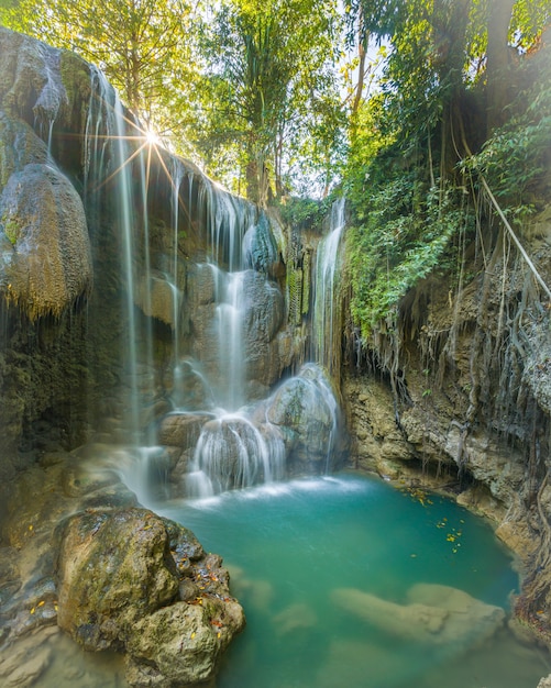 Panoramische prachtige diepe boswaterval