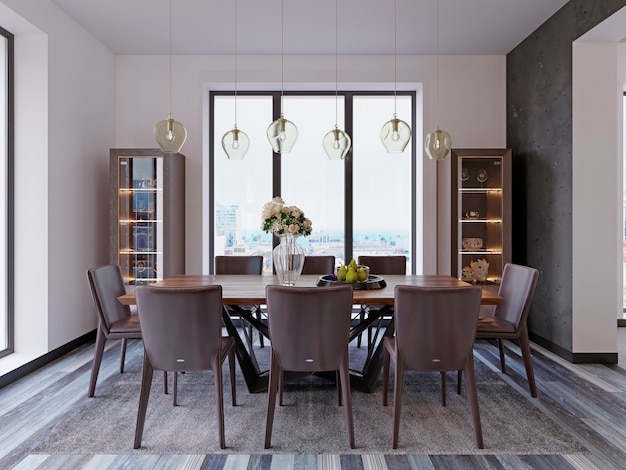 Panoramische ramen in luxe eetkamer met houten tafel en leren stoelen naast vitrine en designer hanglampen. 3D-rendering