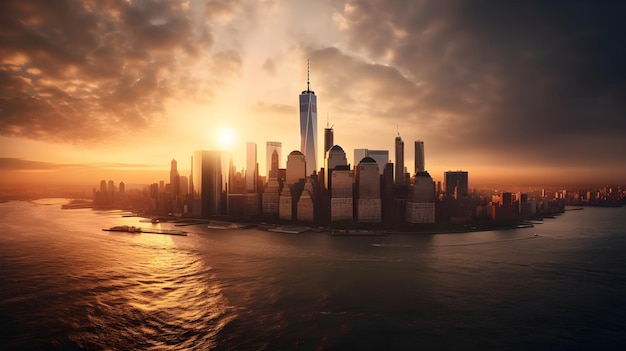 Panoramische stedelijke skyline in de schemering met reflecterende wolkenkrabbers en stadsgezicht vanuit de lucht