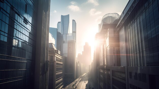 Panoramische stedelijke skylines een heldere metropool die het zonlicht reflecteert in het stadslandschap vol wolkenkrabbers