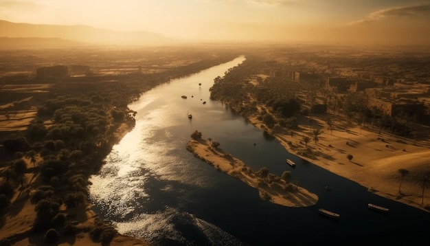 Panoramische zonsondergang over het stadsbeeld zeilschip zeilt op water gegenereerd door kunstmatige intelligentie