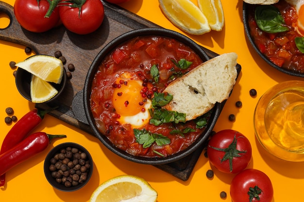 Foto pentole con shakshuka sulla tavola fette di pane pomodori spezie su sfondo giallo vista dall'alto