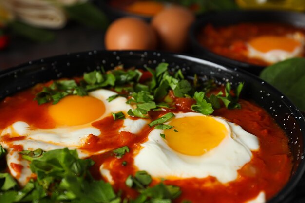 Pans with shakshuka and eggs on dark background