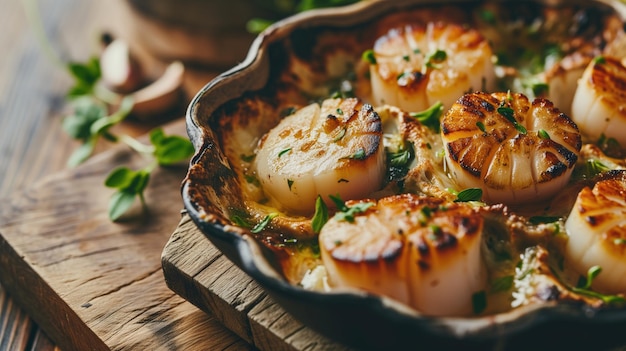 Panseared scallops in a rustic skillet with herbs