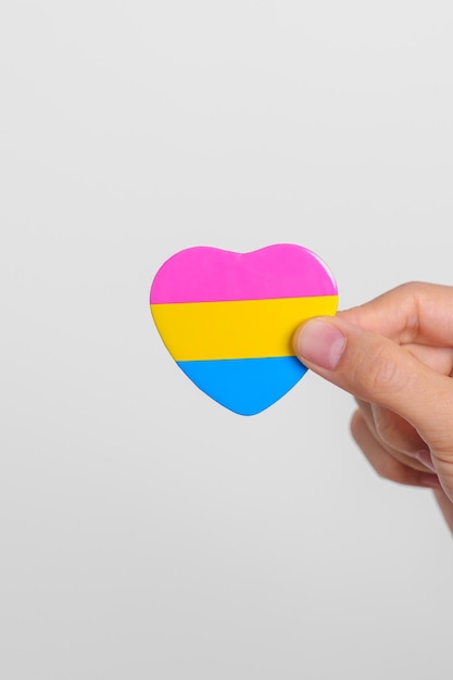 레즈비언 게이 양성애자 트랜스젠더 퀴어 및 팬섹슈얼 커뮤니티를 위한 분홍색 노란색과 파란색 하트 모양을 들고 있는 팬섹슈얼 프라이드 데이 및 LGBT 프라이드 월 개념