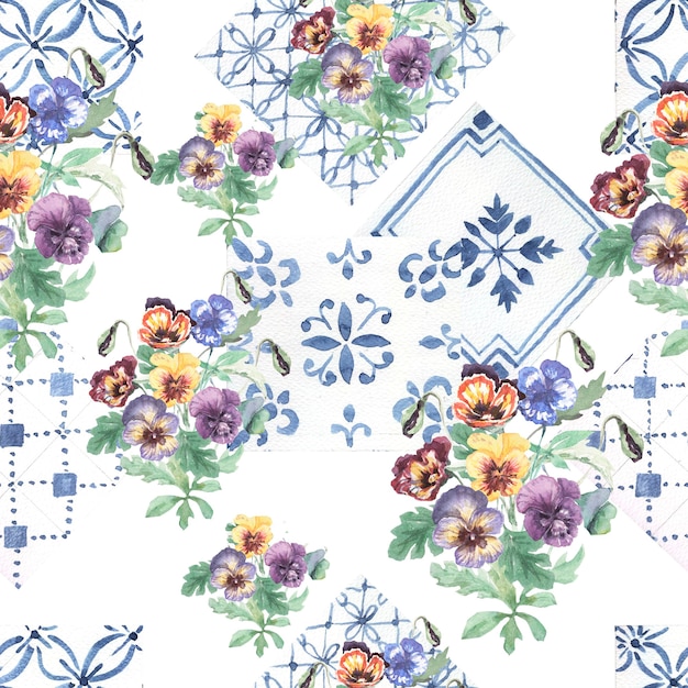 Pansies fiori sbocciano seamless pattern disegnati a mano illustrazione ad acquerello.