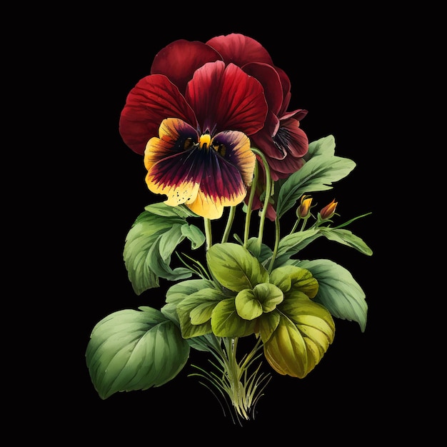 Pansies and leaves on transparent background